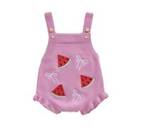 Geagodelia Infant Baby Girl Knit Romper Knitted Bodysuits Sleeveless Floral/Bow/Cherry/Strawberry Embroidery Ruffle Jumpsuit Baptism Jumper Overalls Chunky Knitwear (Purple Fruit, 6-12 Months)