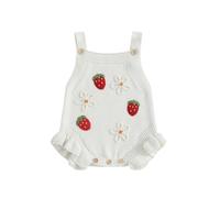 Geagodelia Infant Baby Girl Knit Romper Knitted Bodysuits Sleeveless Floral/Bow/Cherry/Strawberry Embroidery Ruffle Jumpsuit Baptism Jumper Overalls Chunky Knitwear (Pure White, 0-3 Months)