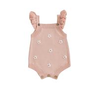 Geagodelia Infant Baby Girl Knit Romper Knitted Bodysuits Sleeveless Floral/Bow/Cherry/Strawberry Embroidery Ruffle Jumpsuit Baptism Jumper Overalls Chunky Knitwear (Pink, 3-6 Months)
