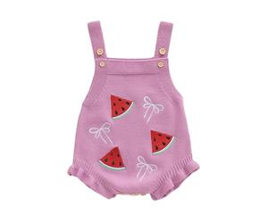 Geagodelia Infant Baby Girl Knit Romper Knitted Bodysuits Sleeveless Floral/Bow/Cherry/Strawberry Embroidery Ruffle Jumpsuit Baptism Jumper Overalls Chunky Knitwear (Purple Fruit, 6-12 Months)
