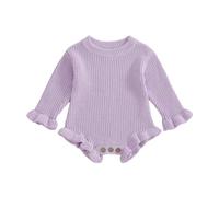 Geagodelia Infant Baby Girl Knit Romper Solid Color Knitted Bodysuits Long Sleeve Round Neck Ruffled Sweater Jumpsuit Baptism Jumper Playsuit Warm Chunky Knitwear