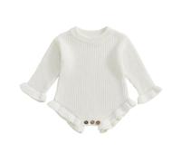 Geagodelia Infant Baby Girl Knit Romper Solid Color Knitted Bodysuits Long Sleeve Round Neck Ruffled Sweater Jumpsuit Baptism Jumper Playsuit Warm Chunky Knitwear