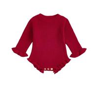 Geagodelia Infant Baby Girl Knit Romper Solid Color Knitted Bodysuits Long Sleeve Round Neck Ruffled Sweater Jumpsuit Baptism Jumper Playsuit Warm Chunky Knitwear