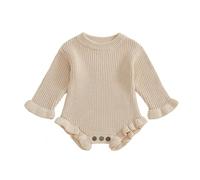 Geagodelia Infant Baby Girl Knit Romper Solid Color Knitted Bodysuits Long Sleeve Round Neck Ruffled Sweater Jumpsuit Baptism Jumper Playsuit Warm Chunky Knitwear