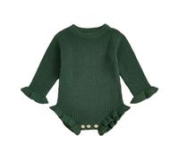 Geagodelia Infant Baby Girl Knit Romper Solid Color Knitted Bodysuits Long Sleeve Round Neck Ruffled Sweater Jumpsuit Baptism Jumper Playsuit Warm Chunky Knitwear