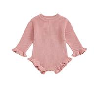 Geagodelia Infant Baby Girl Knit Romper Solid Color Knitted Bodysuits Long Sleeve Round Neck Ruffled Sweater Jumpsuit Baptism Jumper Playsuit Warm Chunky Knitwear (Dark Pink, 0-3 Months)