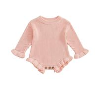 Geagodelia Infant Baby Girl Knit Romper Solid Color Knitted Bodysuits Long Sleeve Round Neck Ruffled Sweater Jumpsuit Baptism Jumper Playsuit Warm Chunky Knitwear (Pink, 3-6 Months)