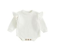 Geagodelia Infant Baby Girl Knit Romper Solid Color Knitted Bodysuits Ruffled Flutter Long Sleeve Round Neck Sweater Jumpsuit Baptism Jumper Playsuit Warm Chunky Knitwear (White, 6-9 Months)