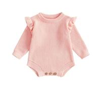 Geagodelia Infant Baby Girl Knit Romper Solid Color Knitted Bodysuits Ruffled Flutter Long Sleeve Round Neck Sweater Jumpsuit Baptism Jumper Playsuit Warm Chunky Knitwear (Light Pink, 6-9 Months)