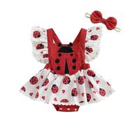 Geagodelia Infant Baby Girl Romper Dress Bodysuit Fly Sleeve Bee/Ladybug Print Jumpsuit Princess Dress A-Line Pageant Baptism Birthday Dress Clothes with Headband (Red, 9-12 Months)