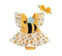 Geagodelia Infant Baby Girl Romper Dress Bodysuit Fly Sleeve Bee/Ladybug Print Jumpsuit Princess Dress A-Line Pageant Baptism Birthday Dress Clothes with Headband (Yellow, 9-12 Months)