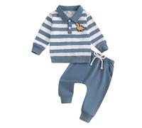 Geagodelia Kid Baby Smart Boy Two-colour Stripe Lapel Dinosaurs Long Sleeve Sweatshirt Elastic Outfit Clothes Jumper Pullover Pants Pocket 2PCS Set (Blue, 6-12 Months)