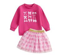 Geagodelia Kid Girl Fall Long Sleeve Bow Print Top Pullover Short Yarn Skirt Set Dress Elastic Outfit Clothes Set (Pink, 6-7 Years)