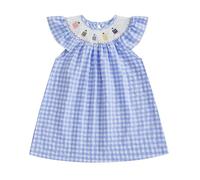 Geagodelia Kids Girls My First Day of School Dresses Ruffled Sleeve A-Line Smocked Summer Dress Back to School Outfit Baby Kindergarten Clothes (Chequered Light Blue, 6-7 Years)