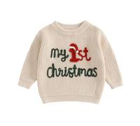 Geagodelia Kids My First Christmas Embroidered Knitted Jumper Baby Boys Girls Oversized Chunky Knit Sweater Pullover Autumn Winter Clothes Outfit (My 1st Christmas Hat Beige, 12-18 Months)