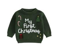 Geagodelia Kids My First Christmas Embroidered Knitted Jumper Baby Boys Girls Oversized Chunky Knit Sweater Pullover Autumn Winter Clothes Outfit (My First Dark Green, 12-18 Months)