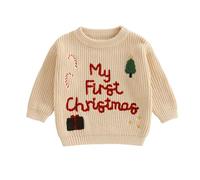 Geagodelia Kids My First Christmas Embroidered Knitted Jumper Baby Boys Girls Oversized Chunky Knit Sweater Pullover Autumn Winter Clothes Outfit (My First Khaki, 3-6 Months)