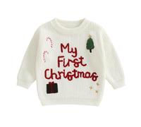 Geagodelia Kids My First Christmas Embroidered Knitted Jumper Baby Boys Girls Oversized Chunky Knit Sweater Pullover Autumn Winter Clothes Outfit (My First White, 12-18 Months)
