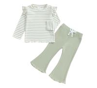 Geagodelia Kids Striped Pot-hole Ruffle Baby Girl Cute Long Sleeve Elastic Outfit Clothes Pullover Sweatshirt Solid Color Bell-bottomed Trousers Pants 2PCS Set (Green, 2-3T)