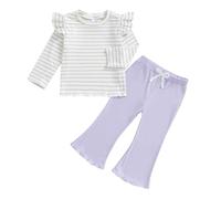 Geagodelia Kids Striped Pot-hole Ruffle Baby Girl Cute Long Sleeve Elastic Outfit Clothes Pullover Sweatshirt Solid Color Bell-bottomed Trousers Pants 2PCS Set (Purple, 2-3T)