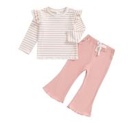 Geagodelia Kids Striped Pot-hole Ruffle Baby Girl Cute Long Sleeve Elastic Outfit Clothes Pullover Sweatshirt Solid Color Bell-bottomed Trousers Pants 2PCS Set (Pink, 18-24 Months)
