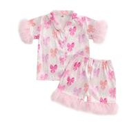 Geagodelia Kids Toddler Baby Girls Silky Satin Pyjamas Set with Feather Trim Short Sleeve Button Down Tops and Shorts Summer Matching Pjs Pajamas Sets (Colourful Bows Floral Light Rose, 3-4 Years)