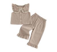 Geagodelia Kids Toddler Baby Girls Summer Clothes Set Gingham Print Peter Pan Collar Button Up Sleeveless Tops and Trousers Cute 2 Piece Outfit (Khaki, 12-18 Months)