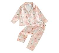 Geagodelia Kids Toddler Girls Silky Satin Easter Pyjamas Set Long Sleeve Button Down Tops and Bottoms Cute Easter Egg Pajamas Matching Babies Easter Pjs (Bunny Rose, 4-5 Years)