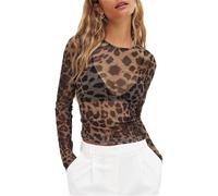 Geagodelia Leopard Print Mesh Tops for Women Y2K Slim Fit Long Sleeve Sexy See Through Fitted Layering Tops Going Out Tops Teens Girls Crop Top (Dark Brown, S)