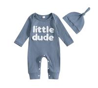 Geagodelia Little Brother Baby Grow Newborn Boys Long Sleeve Ribbed Romper Letter Embroidered Autumn Winter Clothes Coming Home Outfit with Hat (Little Dude Dark Blue, 0-3 Months)