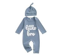 Geagodelia Little Brother Letter Embroidered Baby Grow Newborn Boys Long Sleeve Romper Waffle Knitted Autumn Winter Clothes Coming Home Outfit with Hat (Solid Little Bro Dark Blue, 1-3 Months)