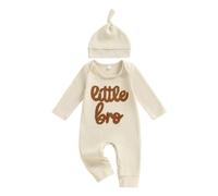 Geagodelia Little Brother Letter Embroidered Baby Grow Newborn Boys Long Sleeve Romper Waffle Knitted Autumn Winter Clothes Coming Home Outfit with Hat