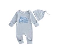 Geagodelia Little Brother Letter Embroidered Baby Grow Newborn Boys Long Sleeve Romper Waffle Knitted Autumn Winter Clothes Coming Home Outfit with Hat (Striped Little Brother Light Blue, Newborn)