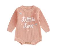 Geagodelia Little Love Embroidered Knitted Jumper for Baby Boys Girls Oversized Chunky Knit Sweater Romper 1st Valentines Day Cute Newborn Coming Home Outfit (Beige Rose, 6-9 Months)