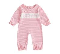 Geagodelia Little Sister Baby Grow Newborn Girl Peter Pan Collar Long Sleeve Waffle Knit Romper Cute Autumn Winter Clothes Coming Home Outfit (Striped Pink, 3-6 Months)