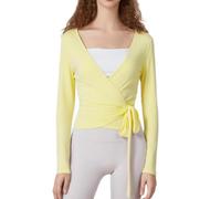 Geagodelia Long Sleeve Wrap Over Tops for Women Front Tie Slim Fitted Deep V-Neck Cross Wrap Around Tops Workout Pilates Ballet Yoga Gym Sports Tops (Light Yellow, S)