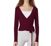 Geagodelia Long Sleeve Wrap Over Tops for Women Front Tie Slim Fitted Deep V-Neck Cross Wrap Around Tops Workout Pilates Ballet Yoga Gym Sports Tops (Burgundy, S)