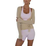 Geagodelia Long Sleeve Wrap Over Tops for Women Front Tie Slim Fitted Deep V-Neck Cross Wrap Around Tops Workout Pilates Ballet Yoga Gym Sports Top (Khaki, M)