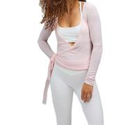 Geagodelia Long Sleeve Wrap Over Tops for Women Front Tie Slim Fitted Deep V-Neck Cross Wrap Around Tops Workout Pilates Ballet Yoga Gym SPORTS TOP (Rose, M)
