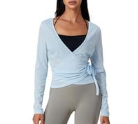 Geagodelia Long Sleeve Wrap Over Tops for Women Front Tie Slim Fitted Deep V-Neck Cross Wrap Around Tops Workout Pilates Ballet Yoga Gym Sports Top (Light Blue, S)