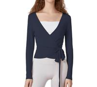 Geagodelia Long Sleeve Wrap Over Tops for Women Front Tie Slim Fitted Deep V-Neck Cross Wrap Around Tops Workout Pilates Ballet Yoga Gym Sports Tops (Navy, L)