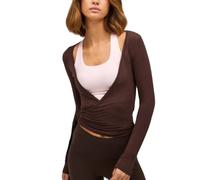 Geagodelia Long Sleeve Wrap Over Tops for Women Front Tie Slim Fitted Deep V-Neck Cross Wrap Around Tops Workout Pilates Ballet Yoga Gym Sports Top (Brown, L)