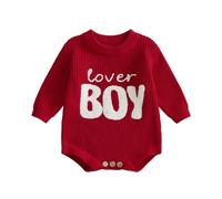 Geagodelia Lover Boy Embroidered Knitted Jumper for Baby Boys Oversized Chunky Knit Sweater Romper 1st Valentines Day Cute Newborn Coming Home Outfit (Red, 3-6 Months)