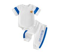 Geagodelia Mamas Boy Embroidered Baby Boys Summer Clothes Sets Waffle Knit Textured Short Sleeve Bodysuit and Trousers Cute Newborn 2 Piece Going Home Outfits (Blue, 0-3 Months)