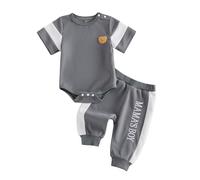 Geagodelia Mamas Boy Embroidered Baby Boys Summer Clothes Sets Waffle Knit Textured Short Sleeve Bodysuit and Trousers Cute Newborn 2 Piece Going Home Outfits (Grey, 12-18 Months)