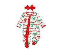 Geagodelia My First Christmas Outfit Baby Girl Long Sleeve Zip Up Footed Christmas Baby Grow with Mittens Newborn Girls Coming Home Outfit Winter Clothes (Striped Bows Red, Newborn)