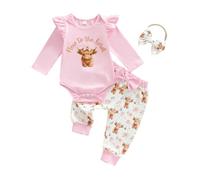Geagodelia New to the Herd Scottish Highland Cow Print Baby Girls Clothes Bottoms and Long Sleeve Bodysuit Tops Set Cute Newborn Coming Home Outfit (Pink, 0-3 Months)