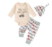 Geagodelia Newborn Baby Boy Clothes Set Long Sleeve Romper+Elasticated Joggers+Hat Infant Farm Tractor Print 3pcs Outfits (Beige, 0-3 Months)
