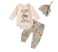 Geagodelia Newborn Baby Boy Clothes Set Long Sleeve Romper+Elasticated Joggers+Hat Infant Farm Tractor Print 3pcs Outfits (Green, 6-12 Months)