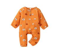 Geagodelia Newborn Baby Boy Halloween Baby Grow Pumpkin Print Long Sleeve Romper Baby Halloween Outfits Cotton Muslin Clothes for Baby Boys (Light Orange, 0-3 Months)